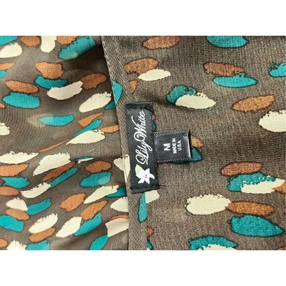 Lily White Womens Sleeveless Asymmetrical Blouse Brown Green Polka Dot Size M - Picture 8 of 9